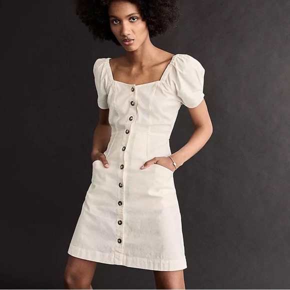 Madewell Dresses & Skirts - Madewell White Cotton Linen Button Puff Sleeve Dress Size 4